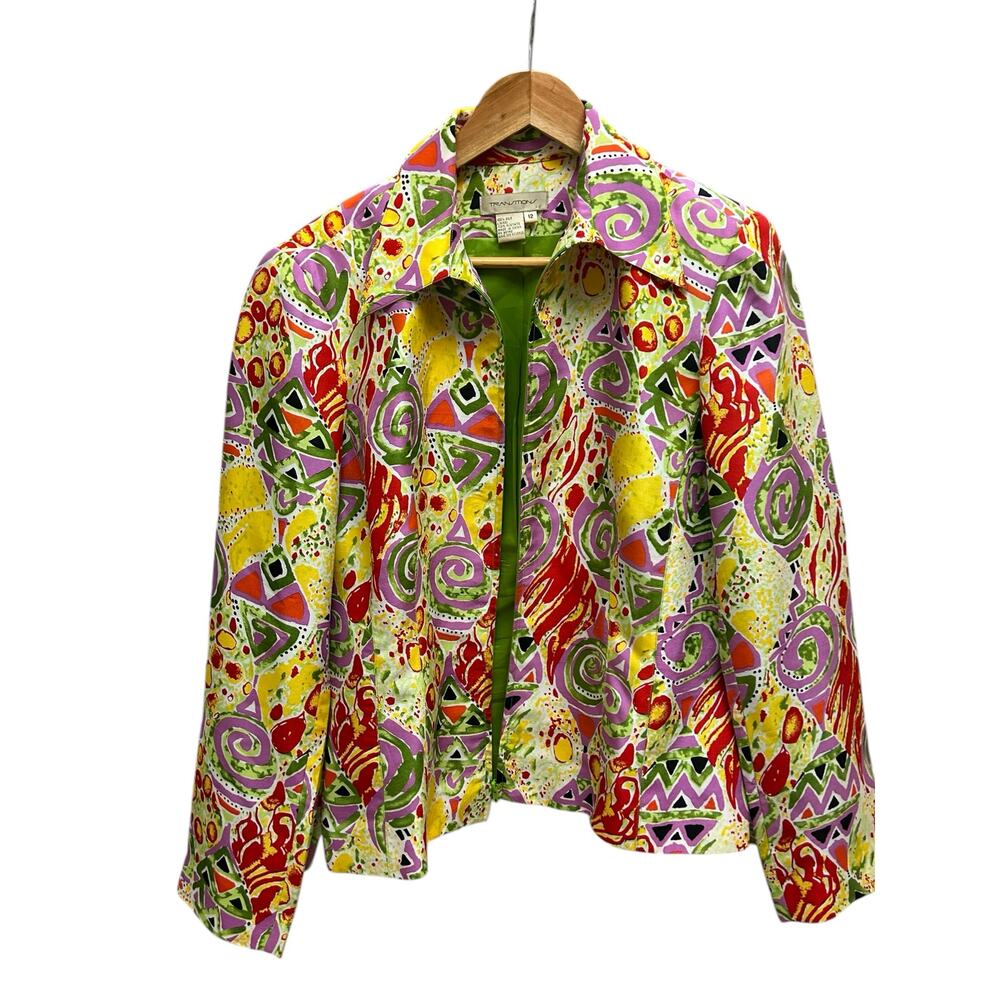 Transitions Silk‎ Jacket Size 12 Colorful Geometric Art to Wear Statement